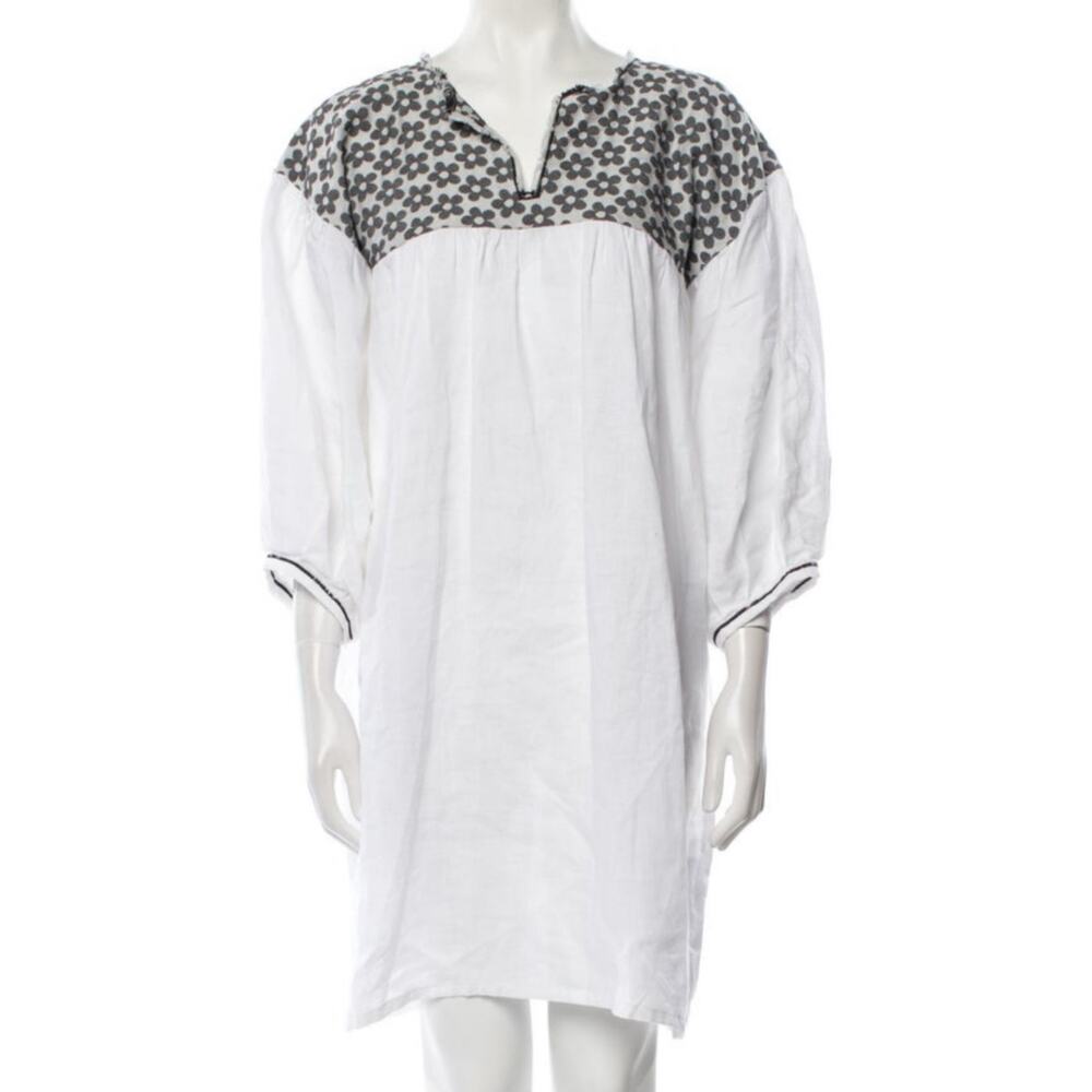 Nina Leuca White Black Hand Made Woven Cotton Linen Babydoll Dress L NWt - Picture 3 of 6